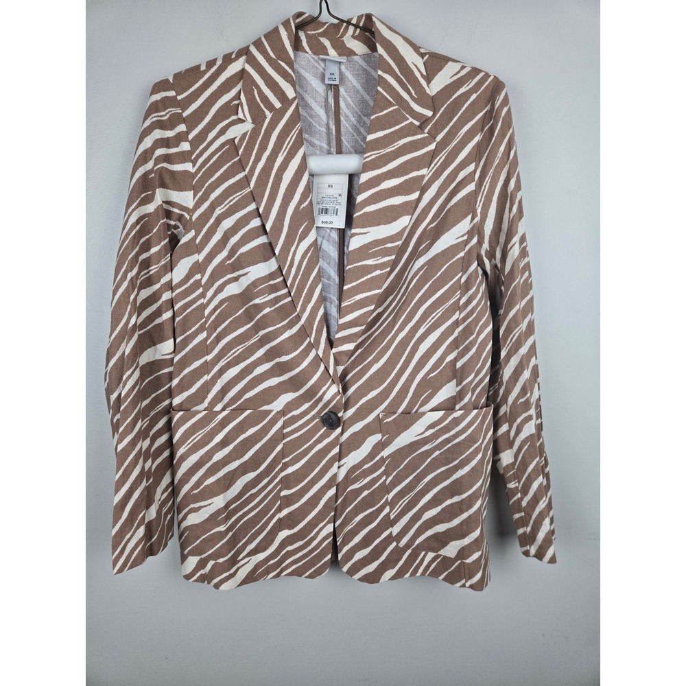 A New Day Womens Brown Zebra Print Linen Blend Single Button Blazer XS New